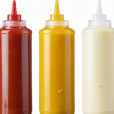 Mayonnaise, mustard, and ketchup in bottles