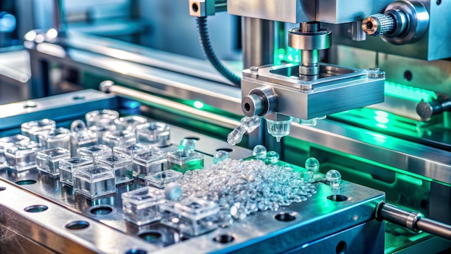 Polycarbonate plastic injection molding process with transparent pellets and formed parts, highlighting high-impact thermoplastic used in engineering and medical applications