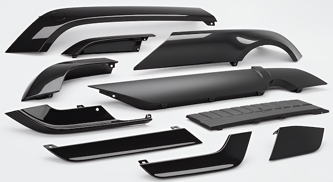 Polycarbonate plastic injection molding process with transparent pellets and formed parts, highlighting high-impact thermoplastic used in engineering and medical applications.
