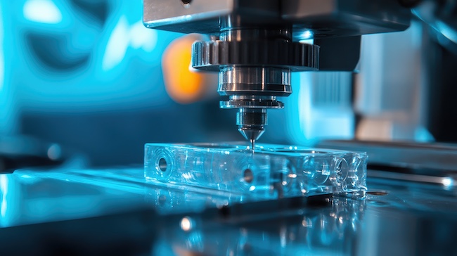 Polypropylene plastic machining process with precision cutting tool shaping a transparent polymer block, demonstrating versatile thermoplastic used in manufacturing and medical devices.